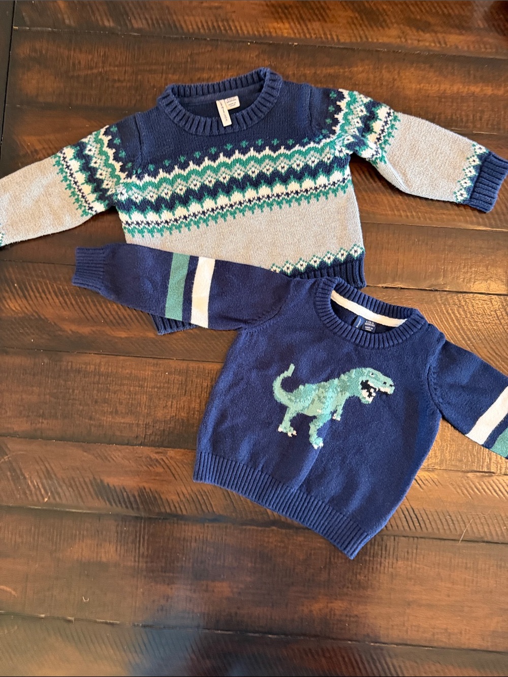 2 Boys Sweaters in Blues and Greens. One a Dino and One Fair Isle